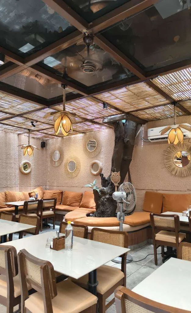 Cane-back chairs and orange banquette beneath a canopy beside a tree trunk.