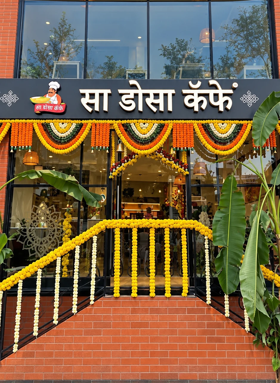 SA Dosa Café entrance with Marathi signage and festive floral decoration.