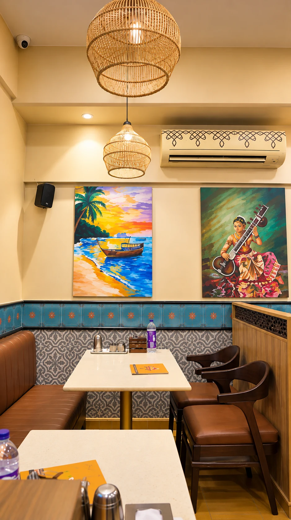 Separate dining nook with colourful paintings and woven pendant shades.